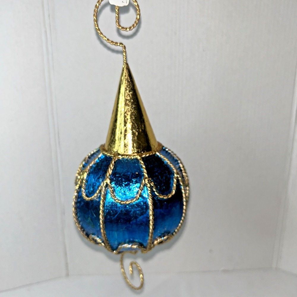 2-Department 56 lantern-style Large Ornament Gold Filigree Scroll Blue/Green - Picture 2 of 8